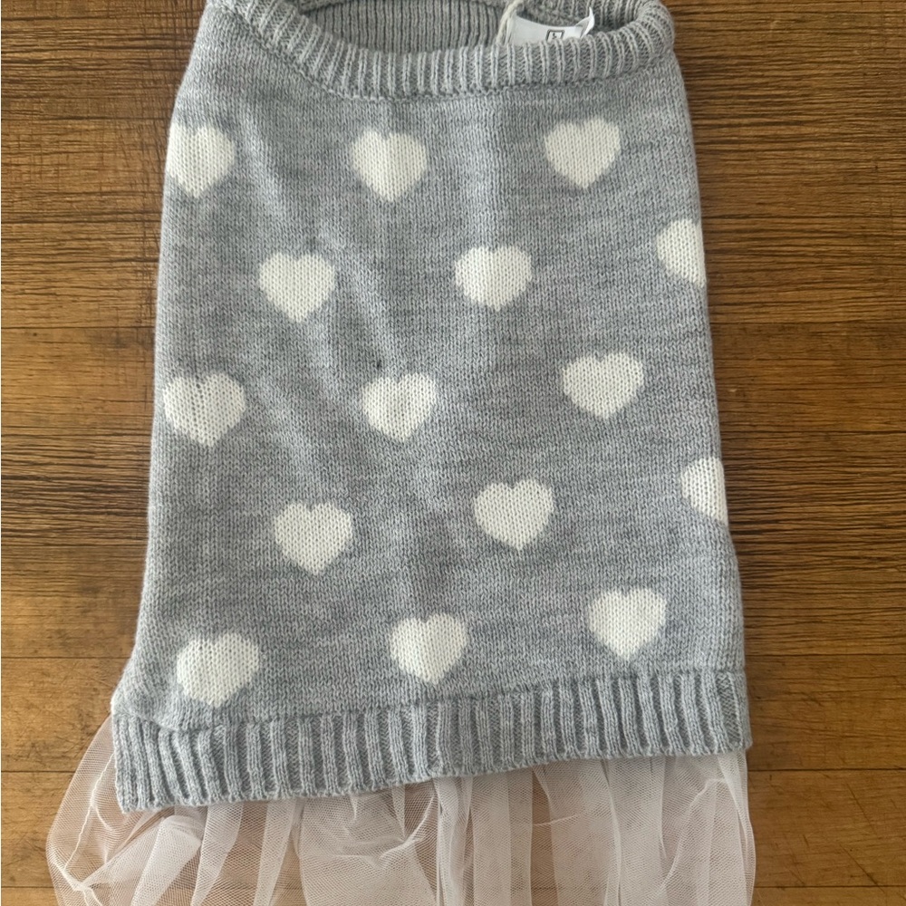 Gray Heart Dog Sweater Dress with White Hearts and Tulle Trim
